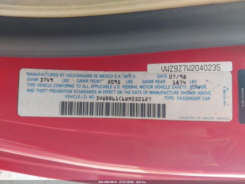 3VWBB61C6WM050127 1998 VOLKSWAGEN NEW BEETLE photo no. 9