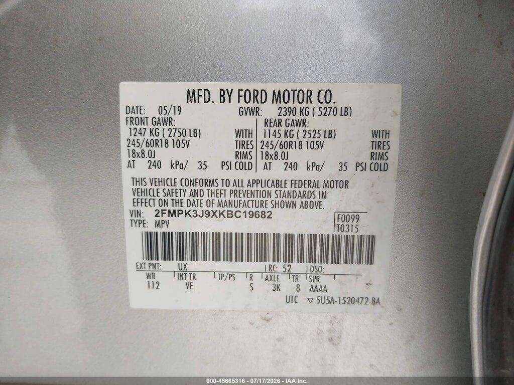 2FMPK3J9XKBC19682 2019 FORD EDGE photo no. 9