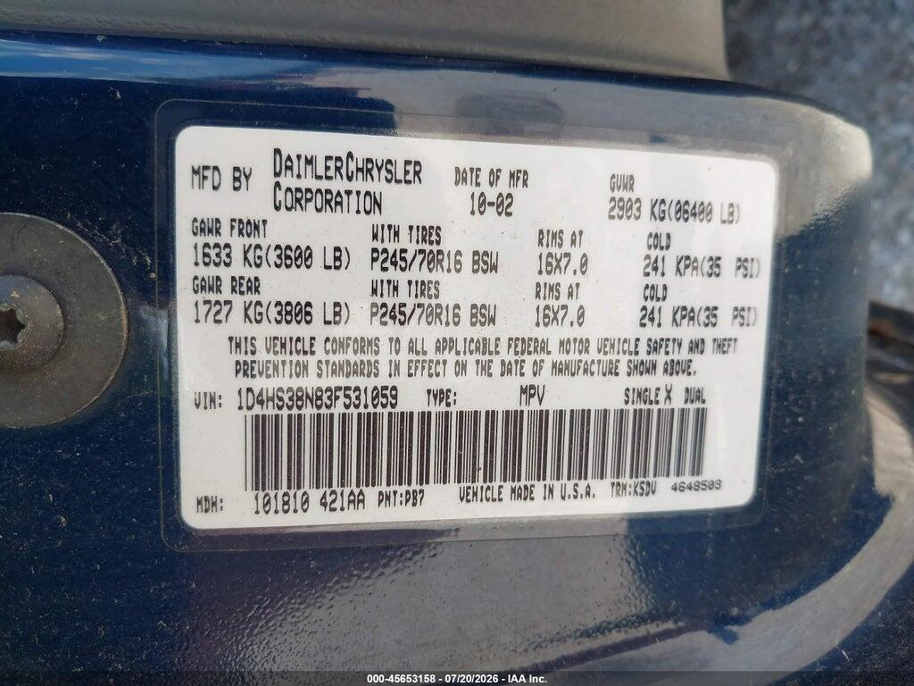 1D4HS38N83F531059 2003 DODGE DURANGO photo no. 9