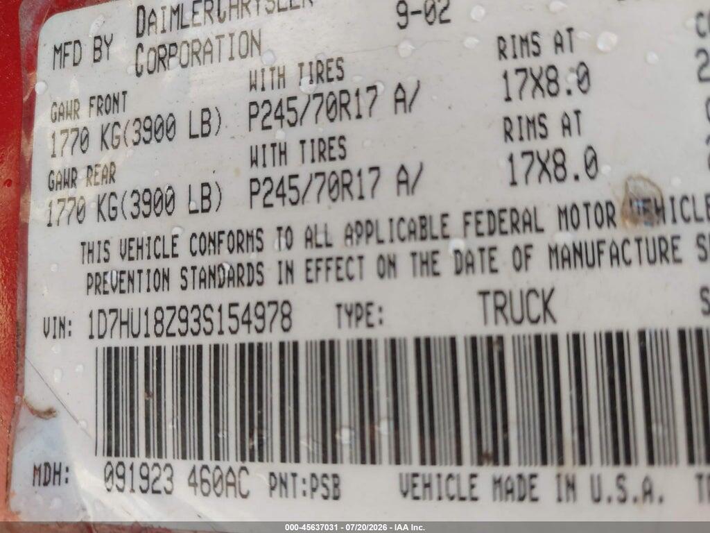 1D7HU18Z93S154978 2003 DODGE RAM 1500 photo no. 9