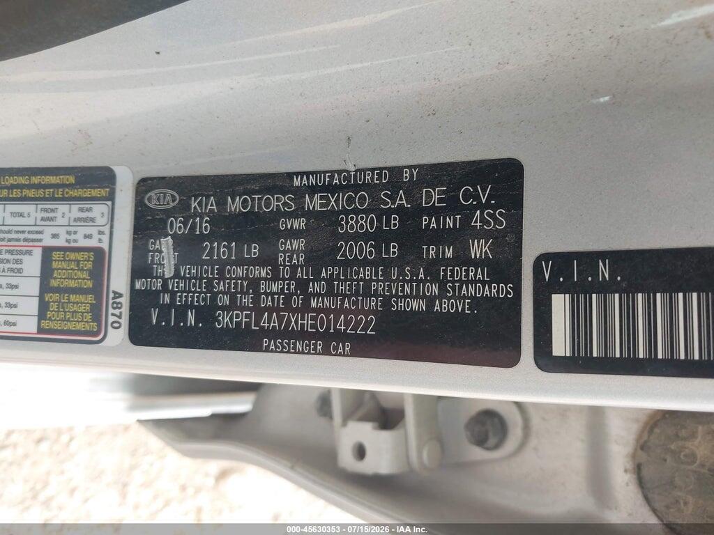3KPFL4A7XHE014222 2017 KIA FORTE photo no. 9