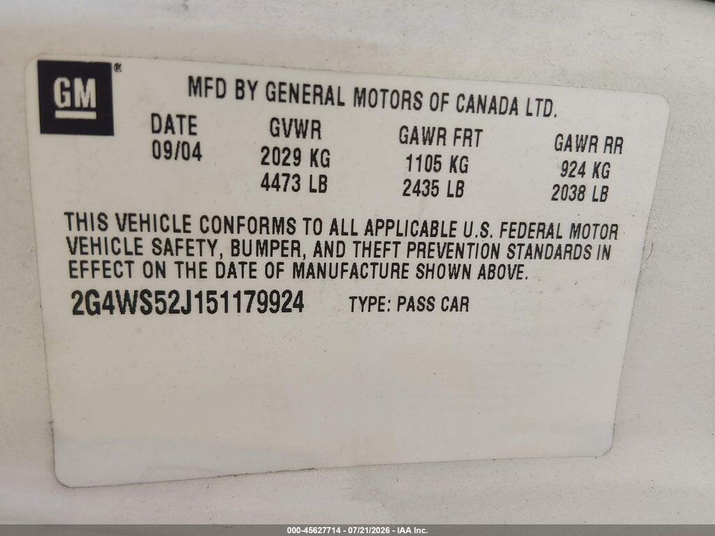 2G4WS52J151179924 2005 BUICK CENTURY photo no. 9