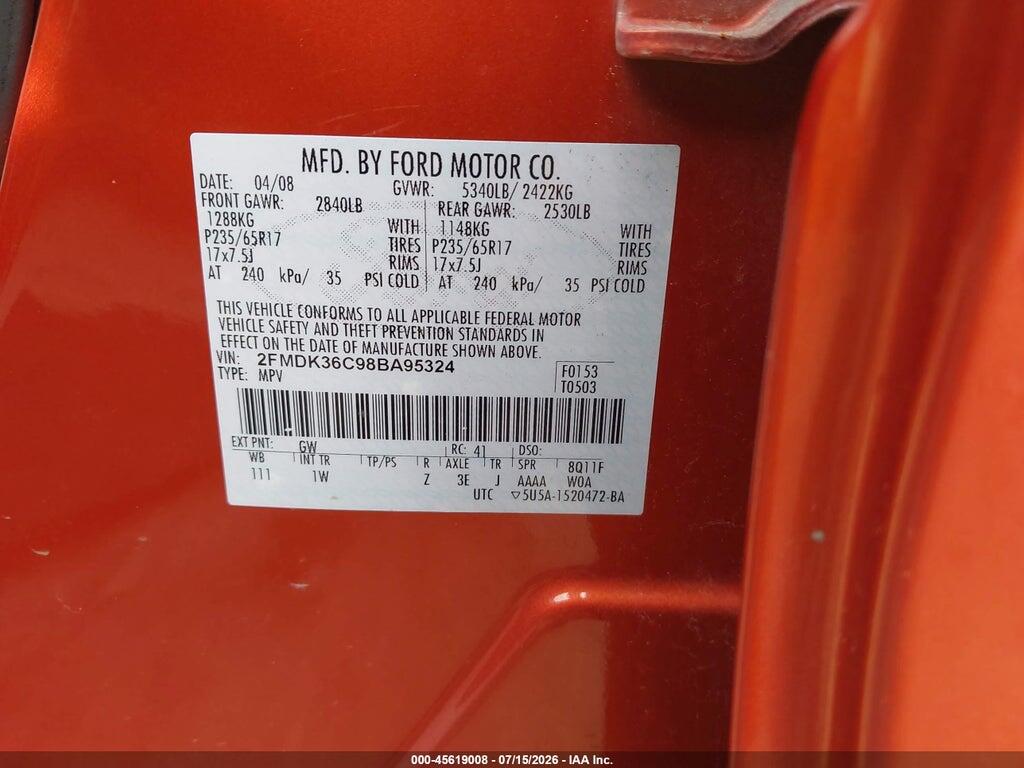 2FMDK36C98BA95324 2008 FORD EDGE photo no. 9