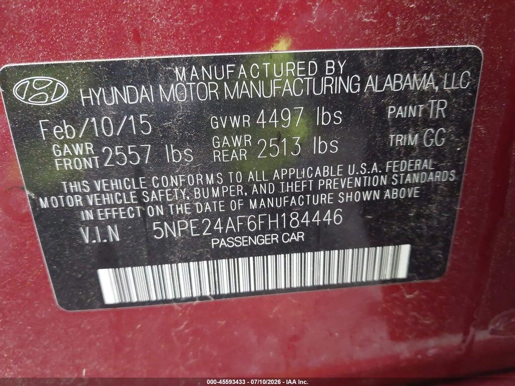 5NPE24AF6FH184446 2015 HYUNDAI SONATA photo no. 9