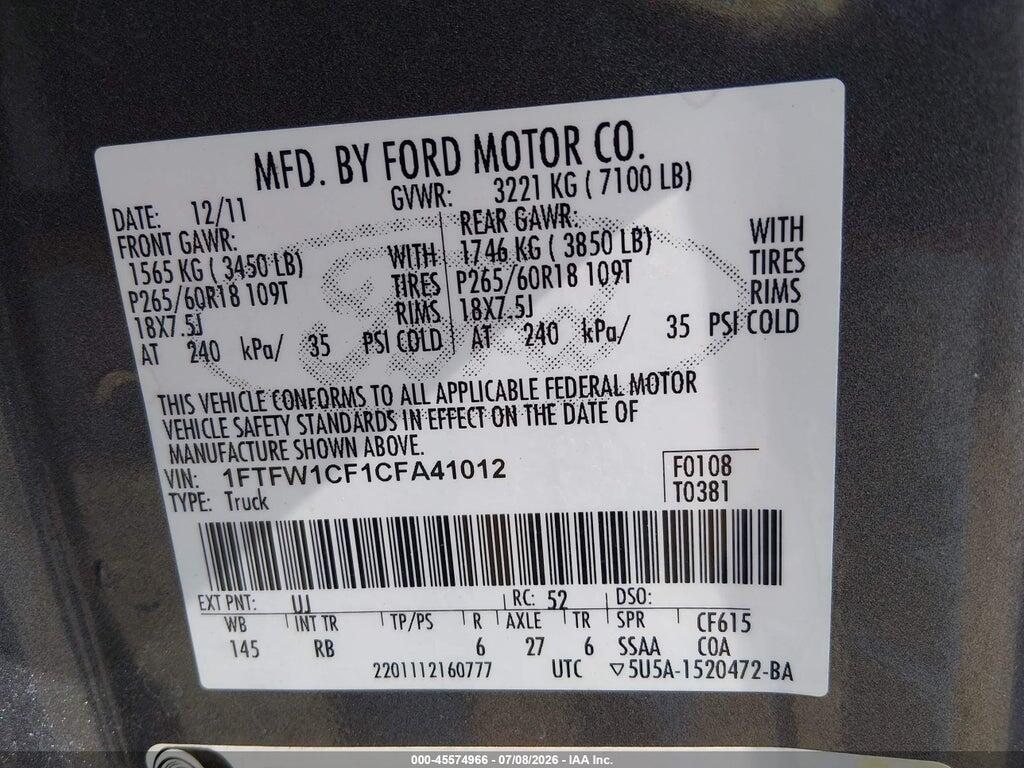 1FTFW1CF1CFA41012 2012 FORD F-150 photo no. 9