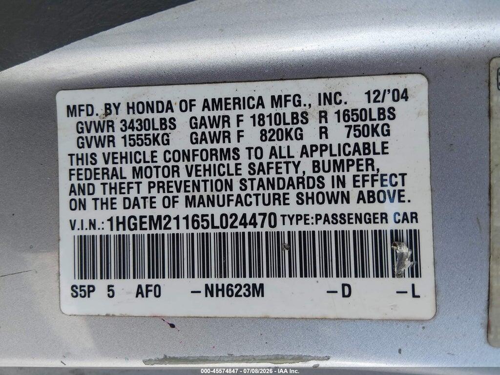 1HGEM21165L024470 2005 HONDA CIVIC photo no. 9