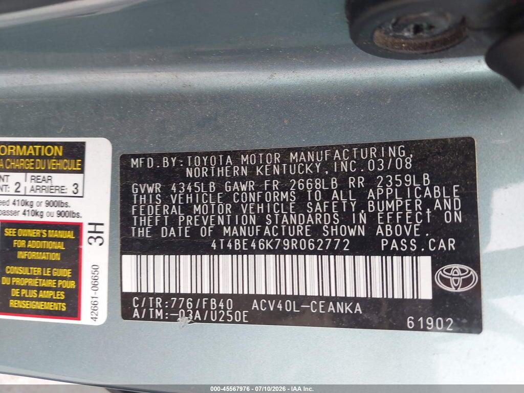 4T4BE46K79R062772 2009 TOYOTA CAMRY photo no. 9