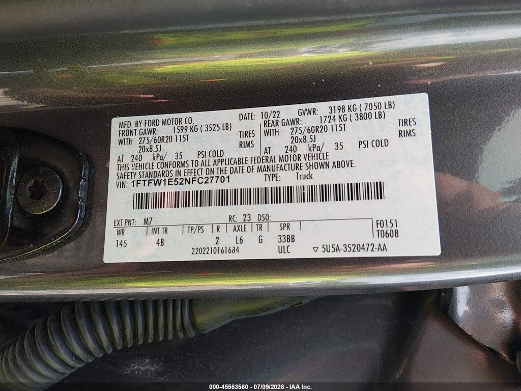 1FTFW1E52NFC27701 2022 FORD F-150 photo no. 9