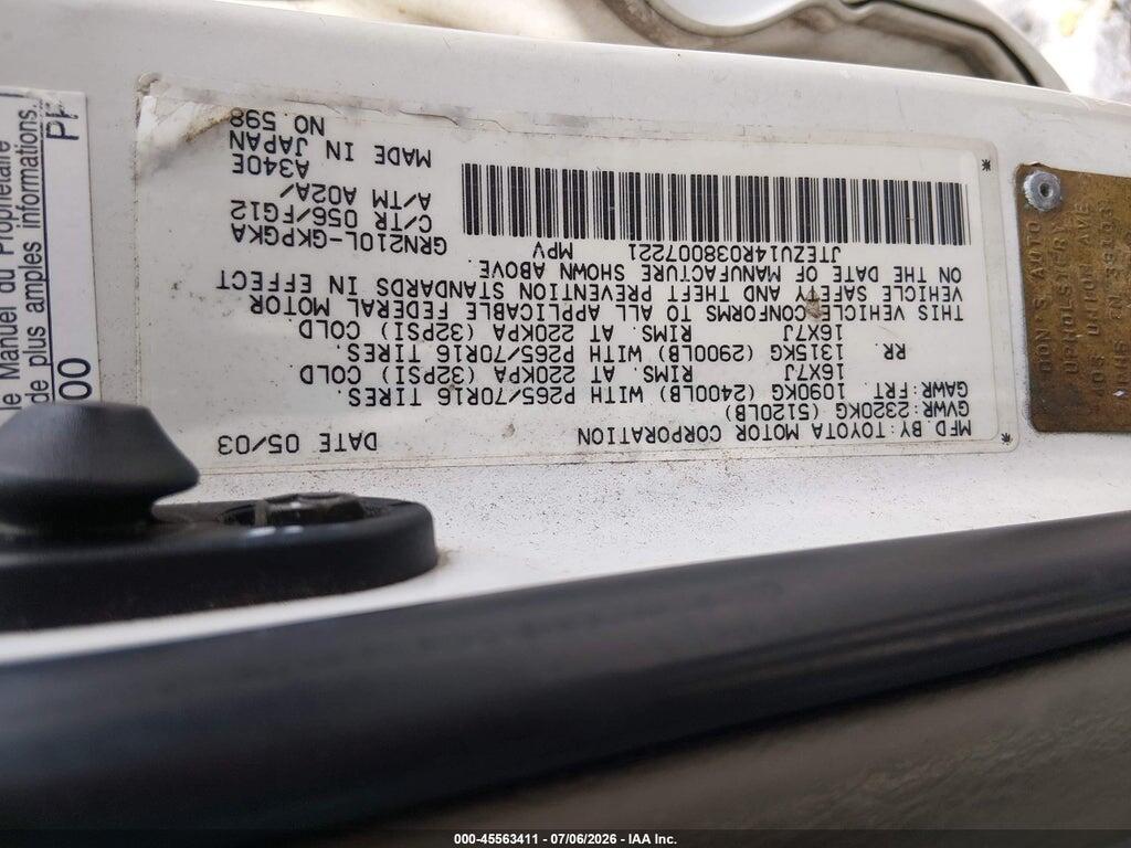 JTEZU14R038007221 2003 TOYOTA 4RUNNER photo no. 9