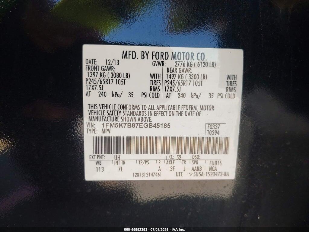 1FM5K7B87EGB45185 2014 FORD EXPLORER photo no. 9