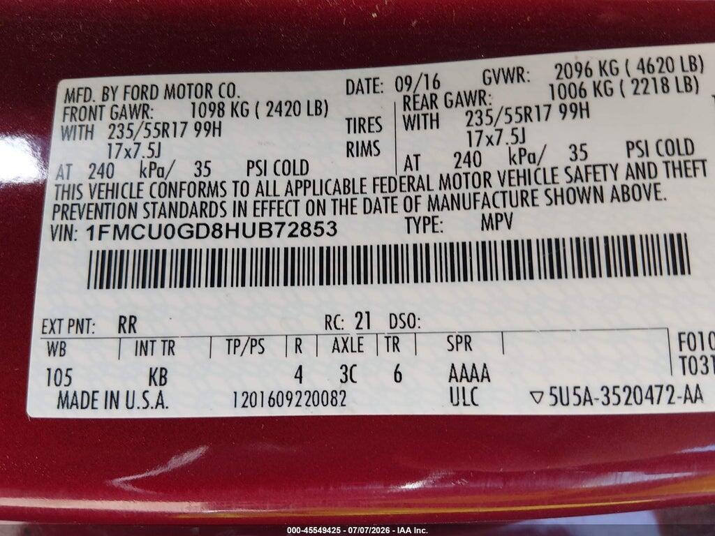 1FMCU0GD8HUB72853 2017 FORD ESCAPE photo no. 9