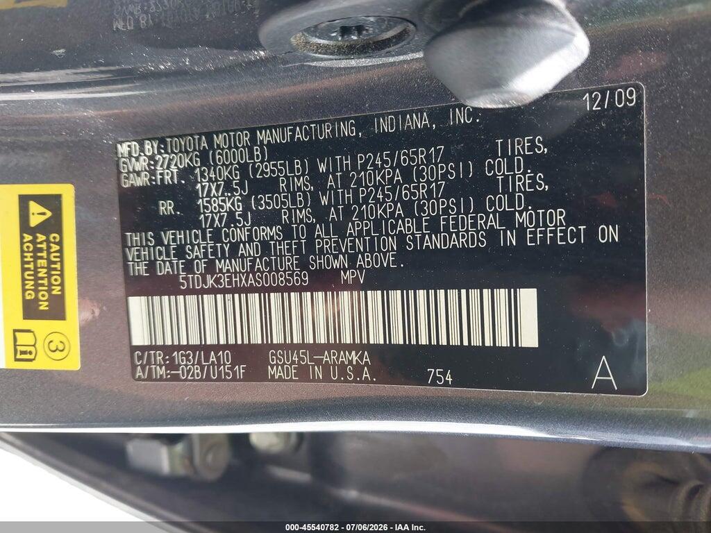 5TDJK3EHXAS008569 2010 TOYOTA HIGHLANDER photo no. 9