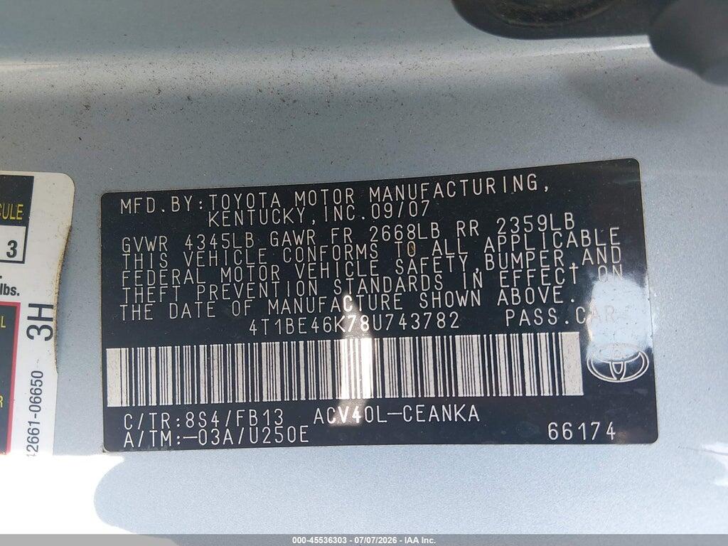4T1BE46K78U743782 2008 TOYOTA CAMRY photo no. 9