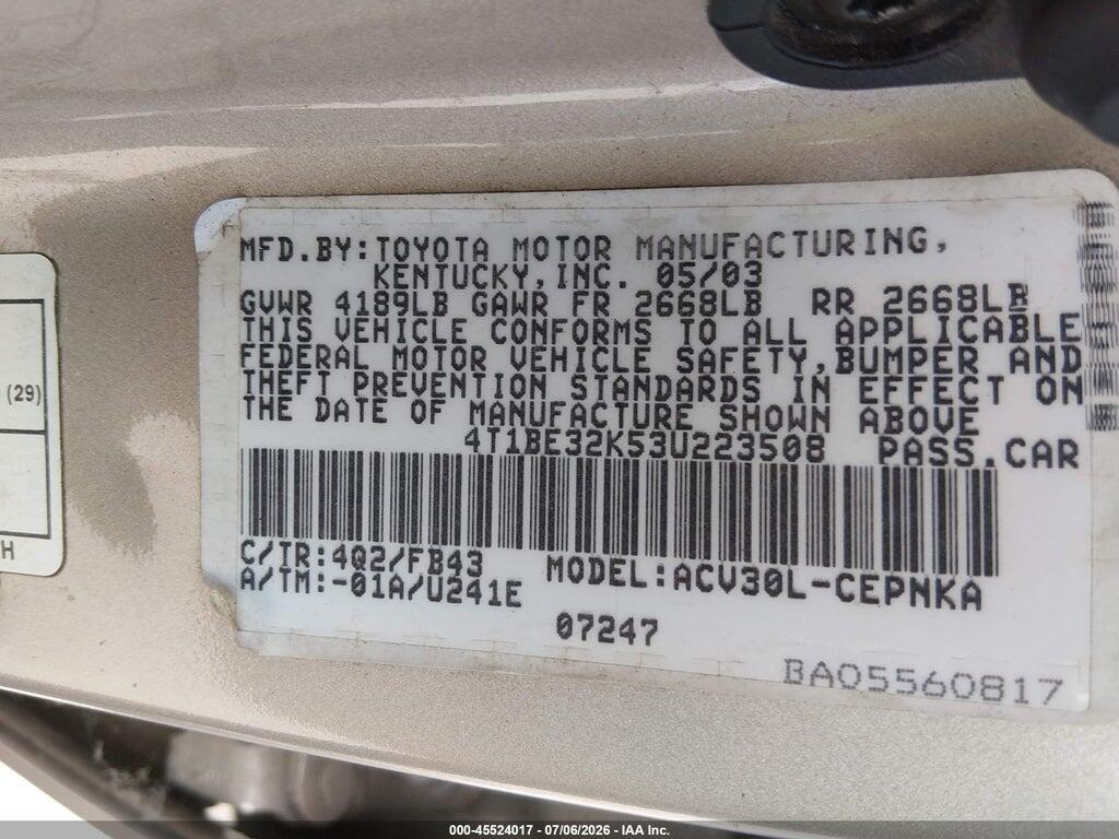4T1BE32K53U223508 2003 TOYOTA CAMRY photo no. 9