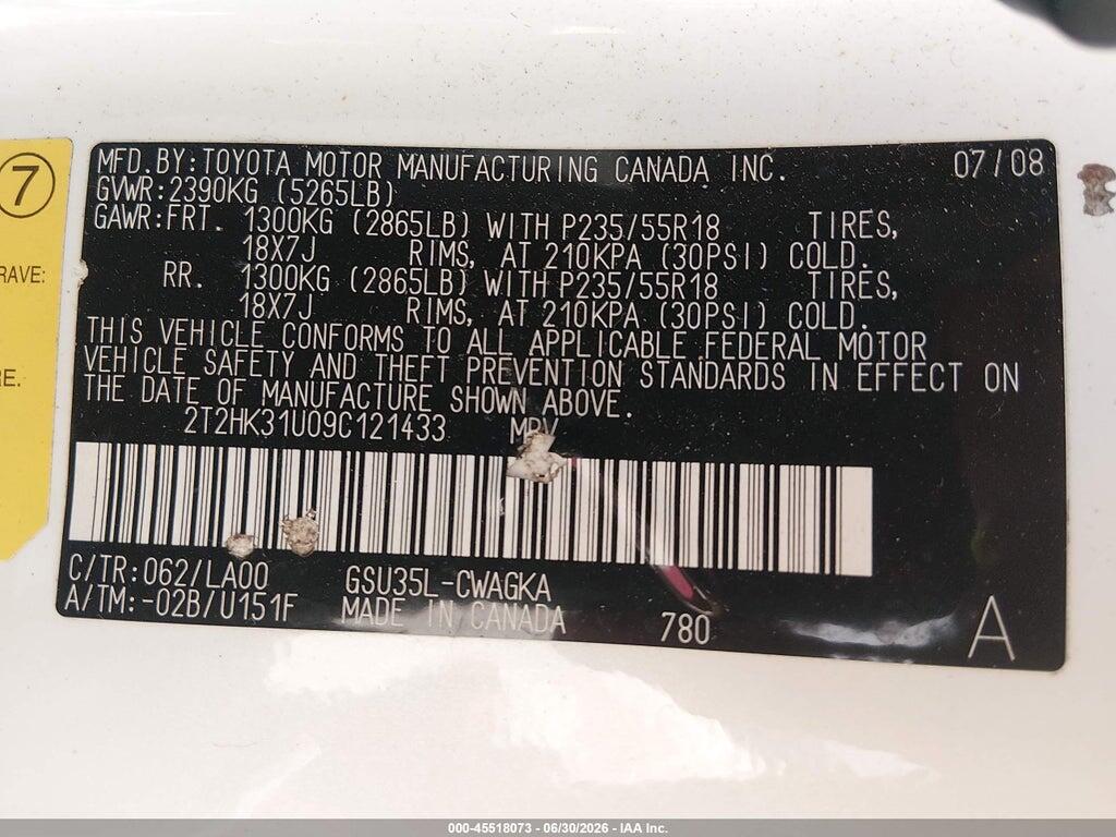 2T2HK31U09C121433 2009 LEXUS RX 350 photo no. 9