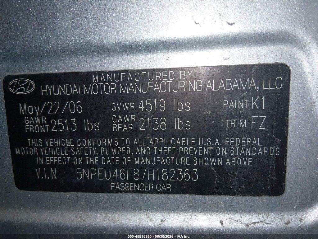 5NPEU46F87H182363 2007 HYUNDAI SONATA photo no. 9