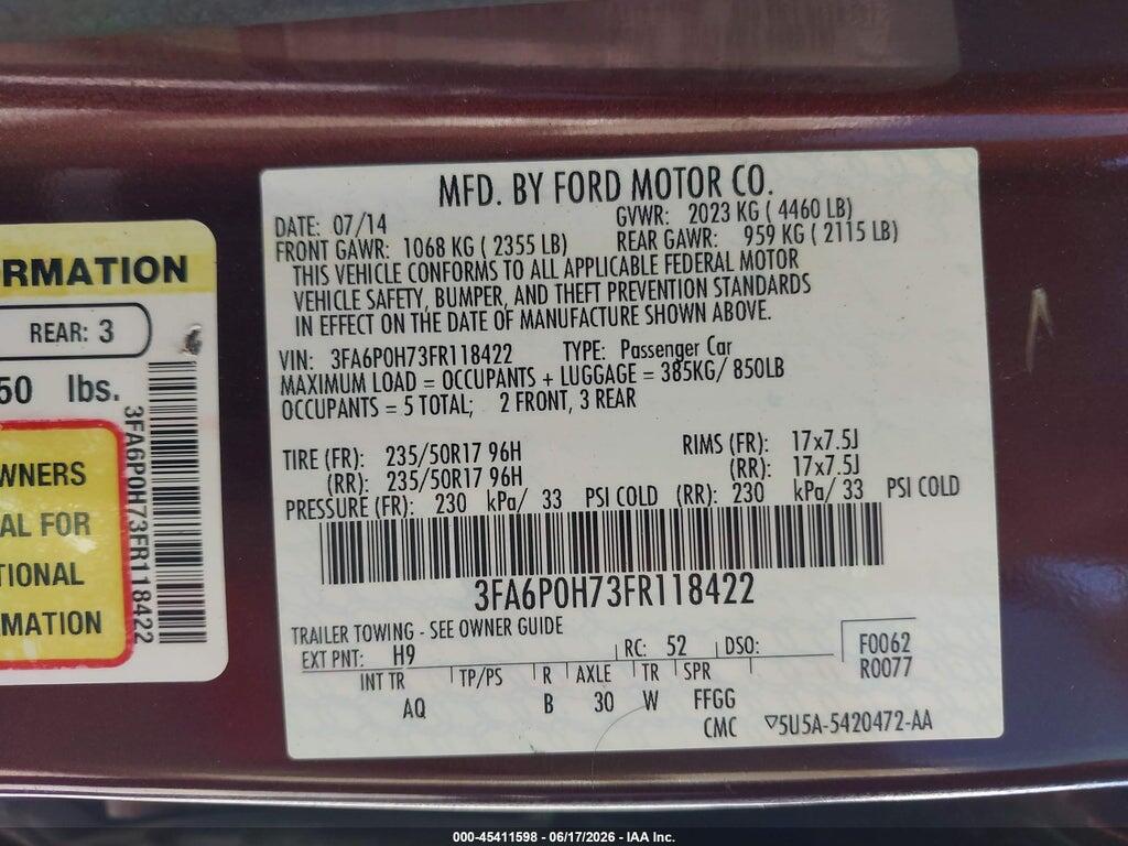 3FA6P0H73FR118422 2015 FORD FUSION photo no. 9