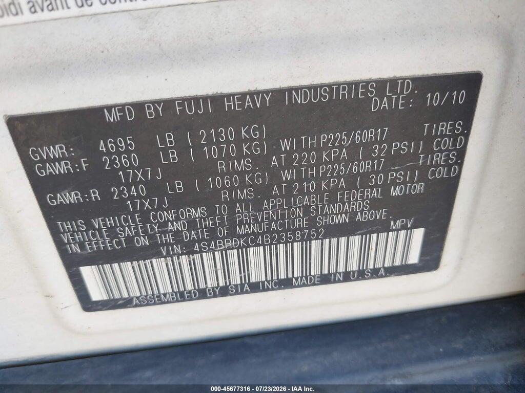 4S4BRDKC4B2358752 2011 SUBARU OUTBACK photo no. 9