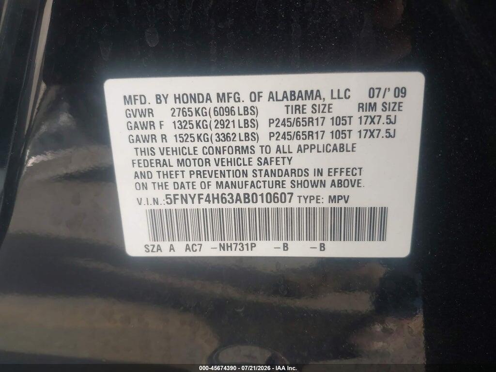 5FNYF4H63AB010607 2010 HONDA PILOT photo no. 9