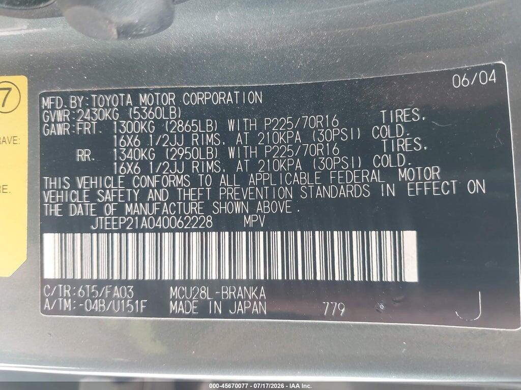 JTEEP21A040062228 2004 TOYOTA HIGHLANDER photo no. 9