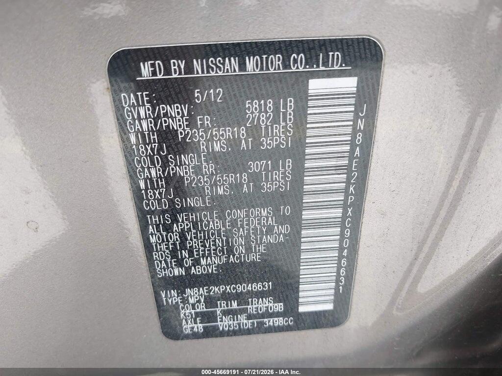 JN8AE2KPXC9046631 2012 NISSAN QUEST photo no. 9