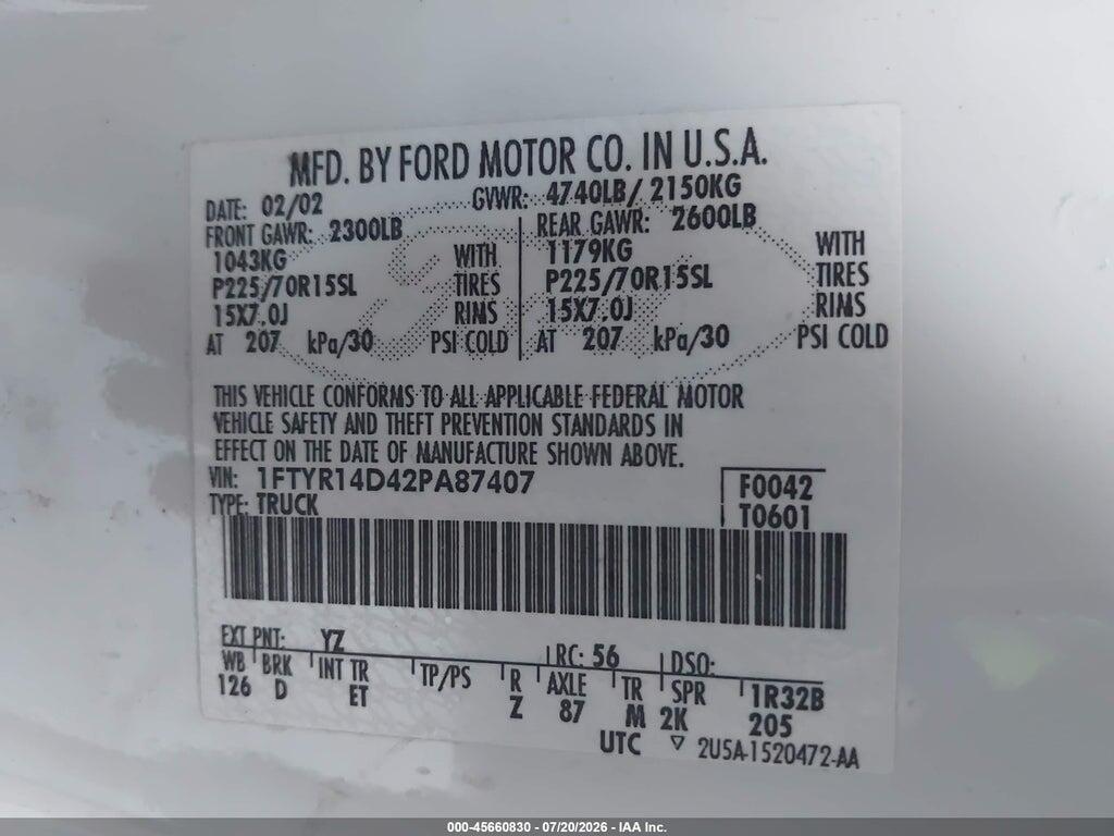 1FTYR14D42PA87407 2002 FORD RANGER photo no. 9