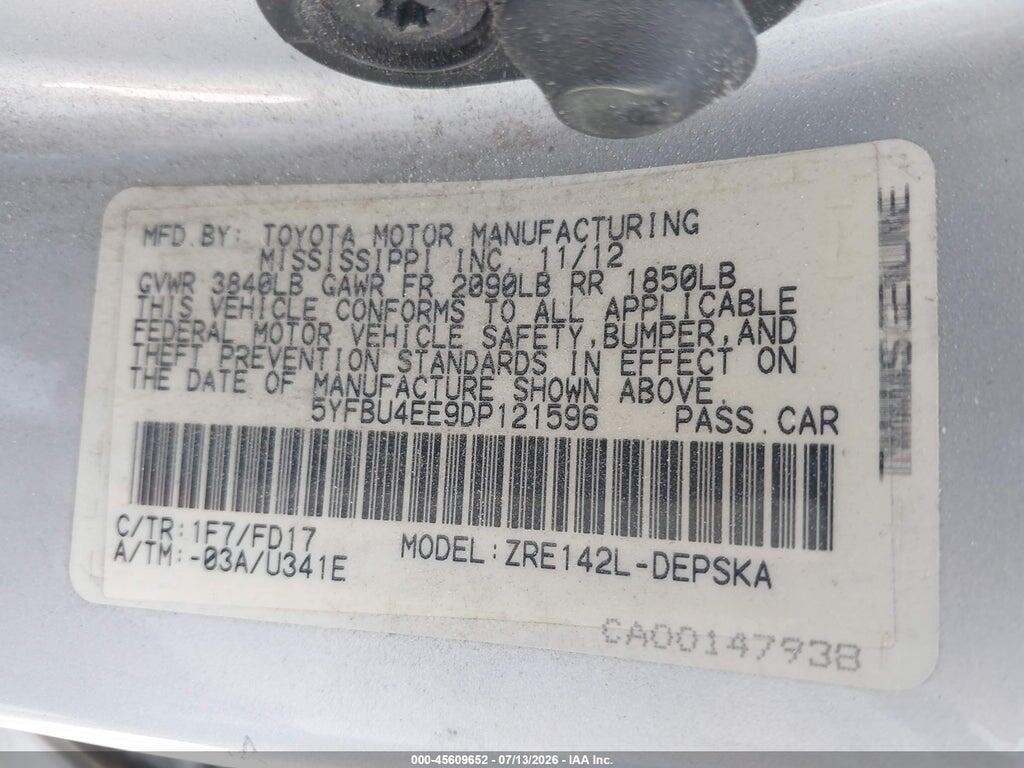 5YFBU4EE9DP121596 2013 TOYOTA COROLLA photo no. 9