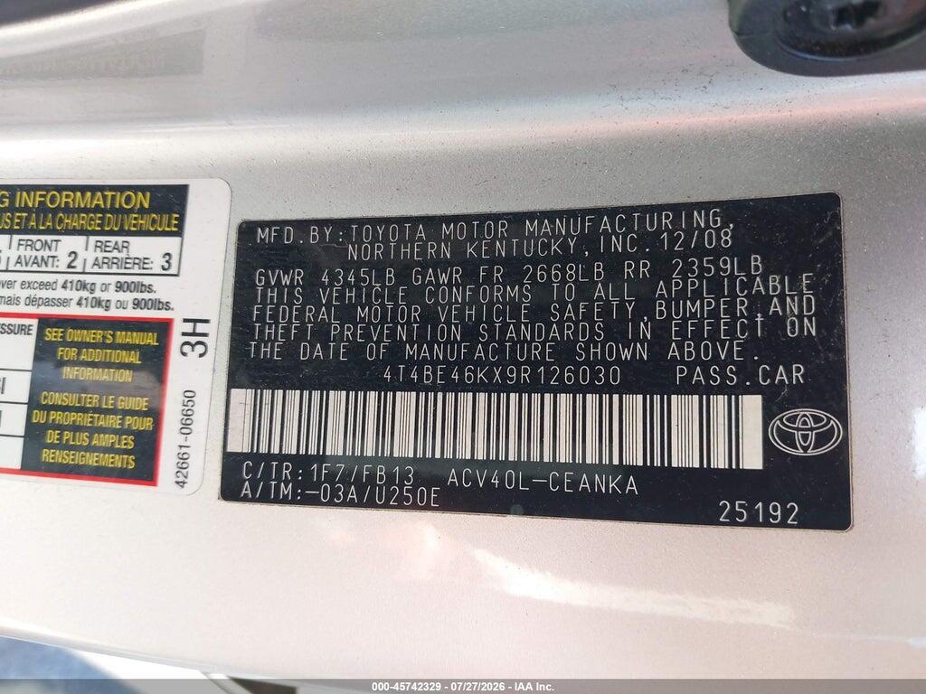 4T4BE46KX9R126030 2009 TOYOTA CAMRY photo no. 9