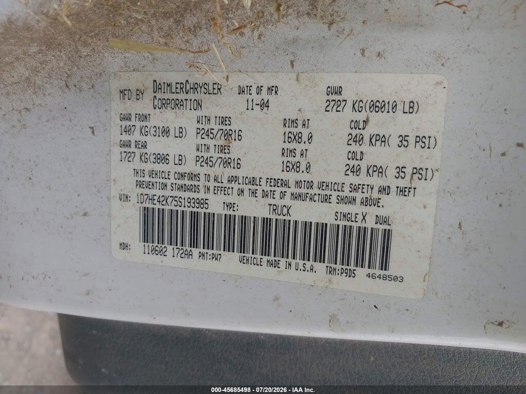 1D7HE42K75S193985 2005 DODGE DAKOTA photo no. 9