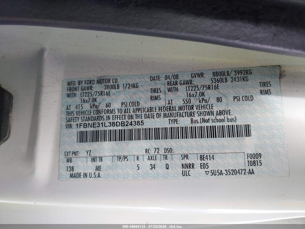 1FBNE31L38DB24385 2008 FORD E-350 SUPER DUTY photo no. 9