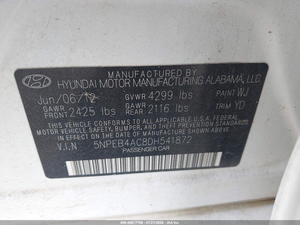 5NPEB4AC8DH541872 2013 HYUNDAI SONATA photo no. 9