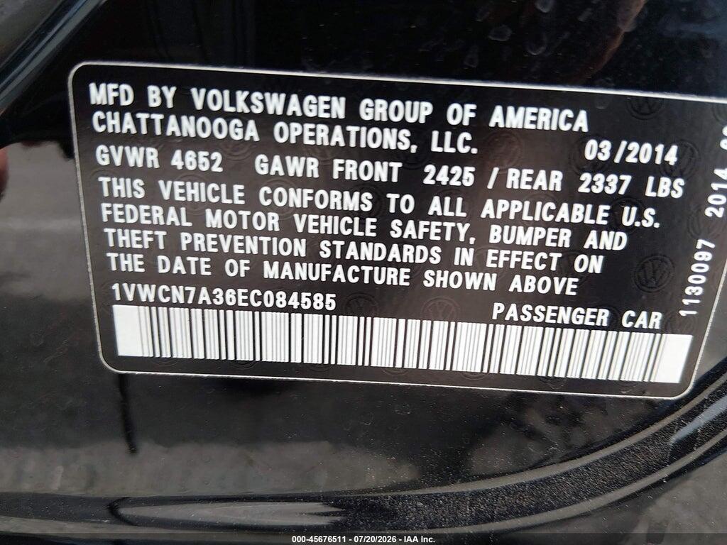1VWCN7A36EC084585 2014 VOLKSWAGEN PASSAT photo no. 9