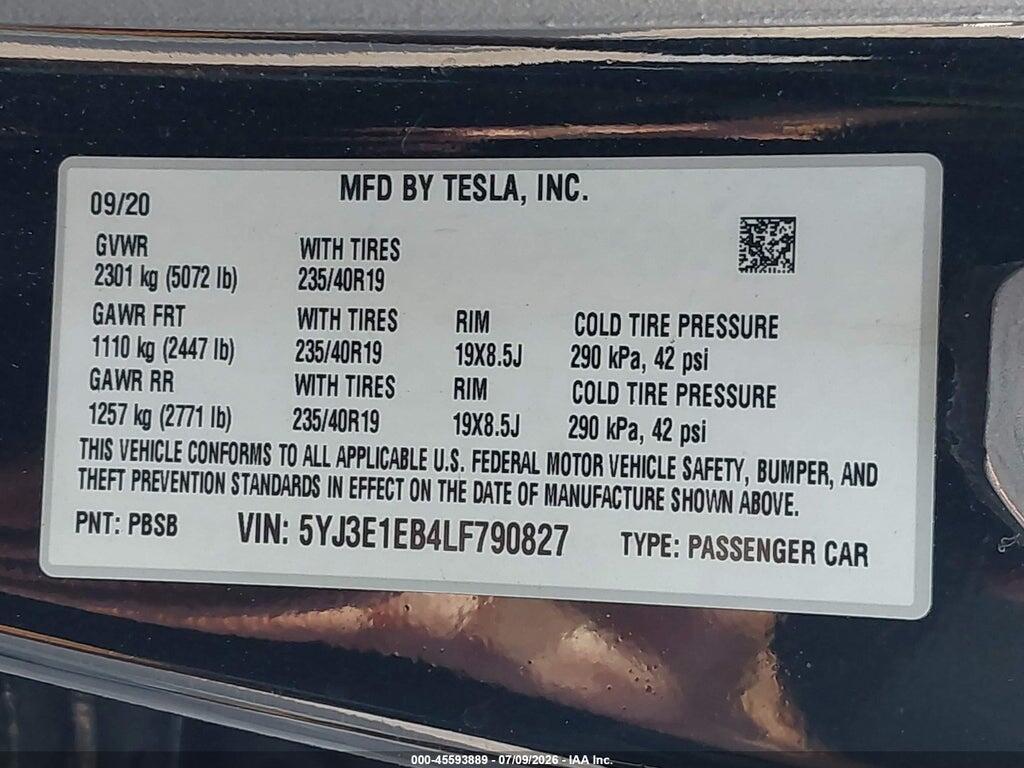 5YJ3E1EB4LF790827 2020 TESLA MODEL 3 photo no. 9