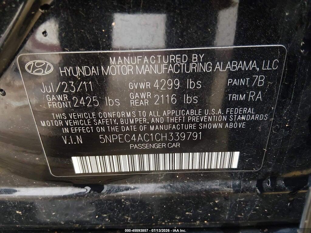 5NPEC4AC1CH339791 2012 HYUNDAI SONATA photo no. 9