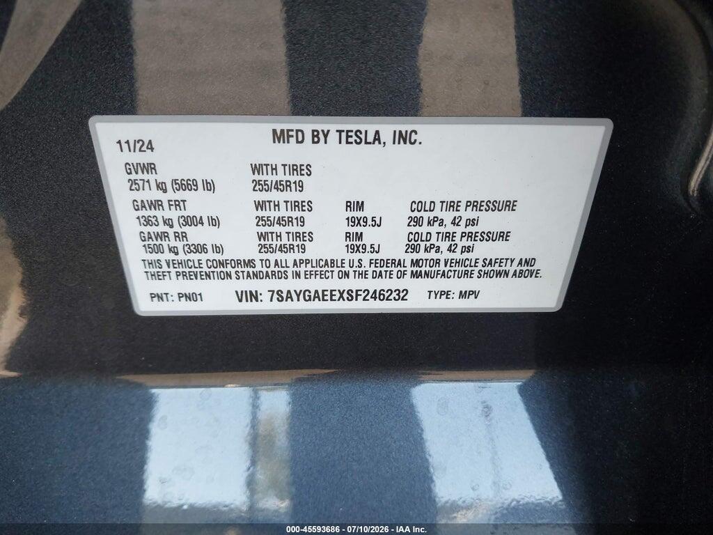 7SAYGAEEXSF246232 2025 TESLA MODEL Y photo no. 9