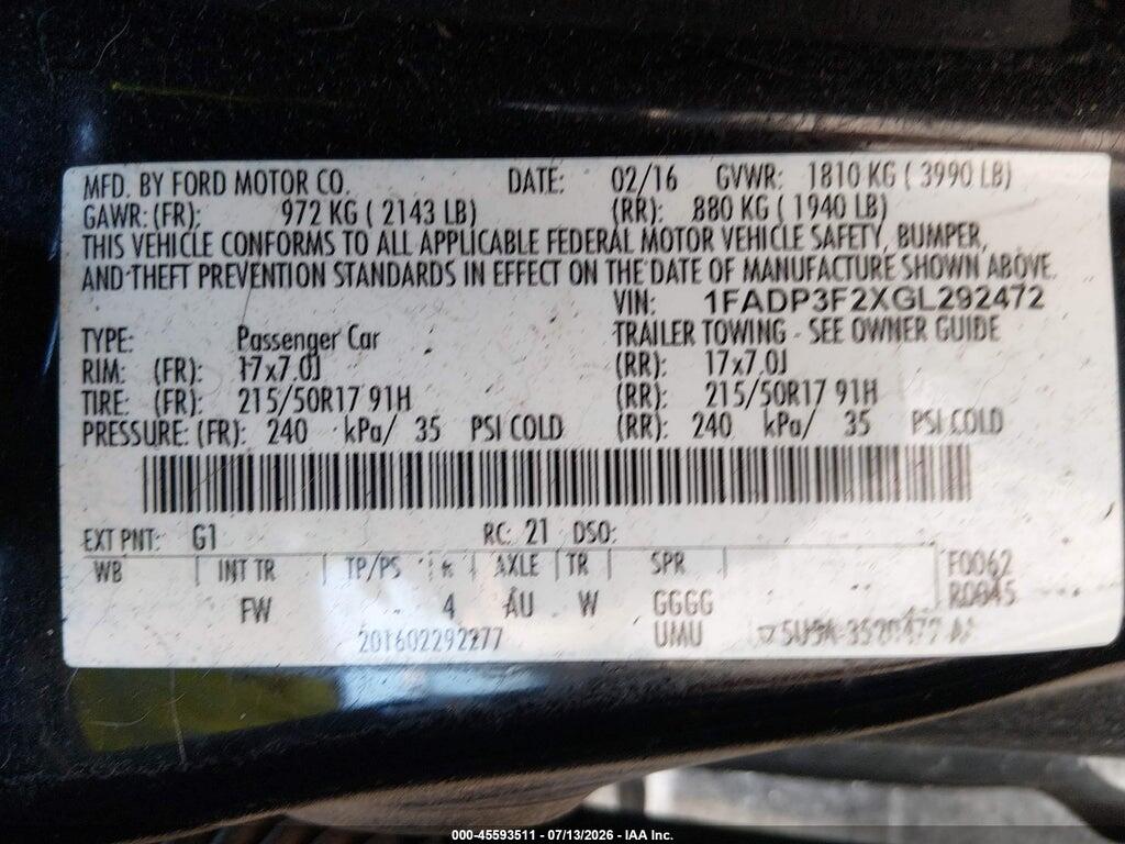 1FADP3F2XGL292472 2016 FORD FOCUS photo no. 9