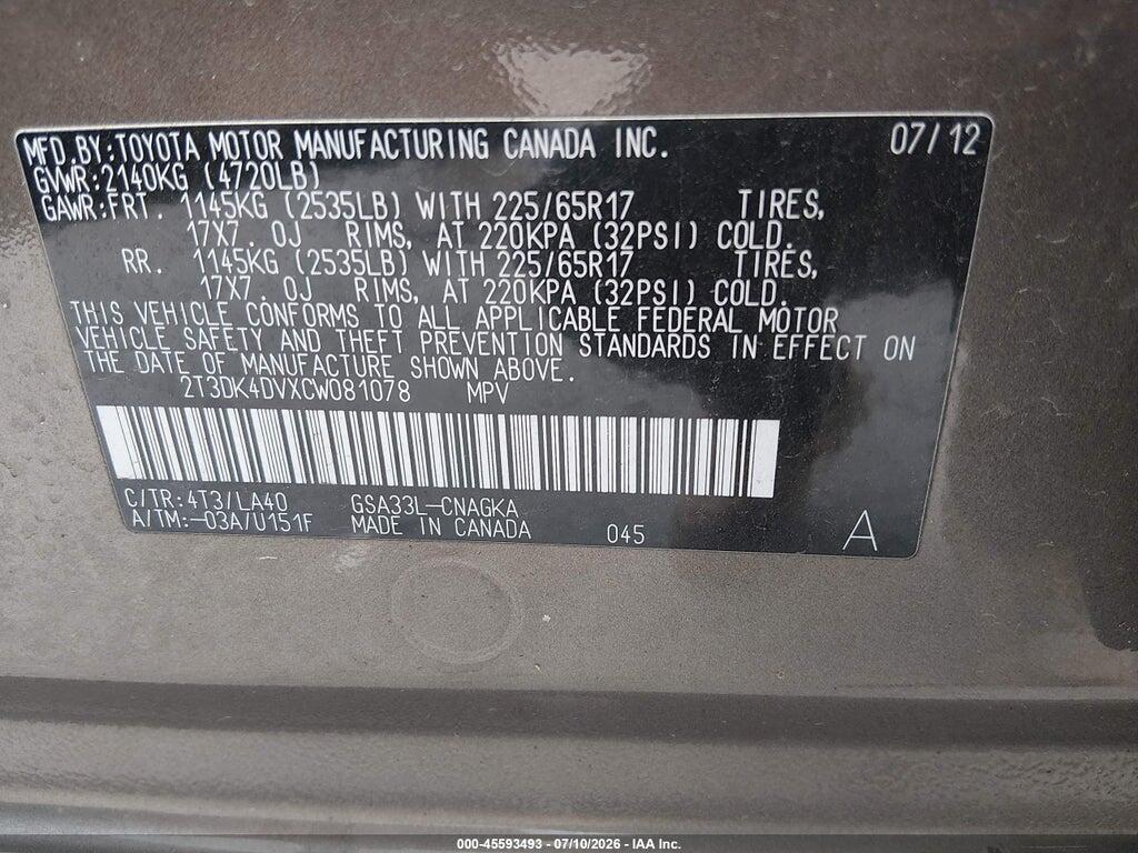 2T3DK4DVXCW081078 2012 TOYOTA RAV4 photo no. 9