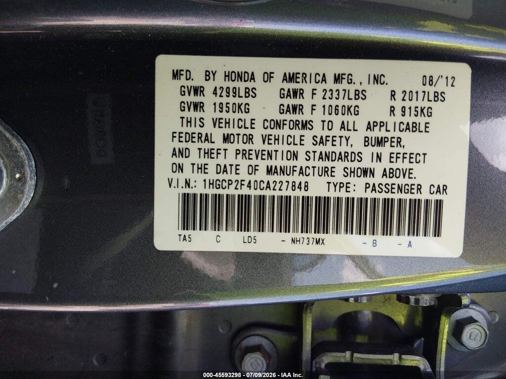 1HGCP2F40CA227848 2012 HONDA ACCORD photo no. 9