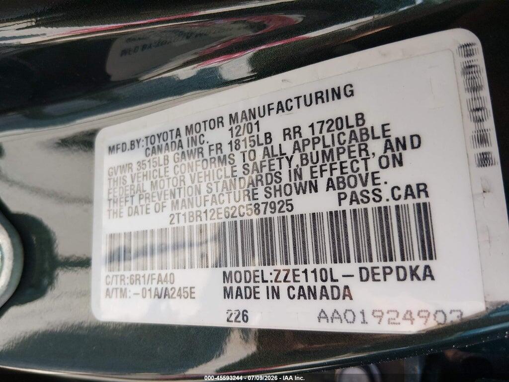 2T1BR12E62C587925 2002 TOYOTA COROLLA photo no. 9