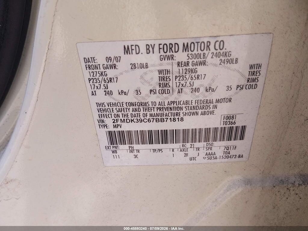 2FMDK39C67BB71818 2007 FORD EDGE photo no. 9