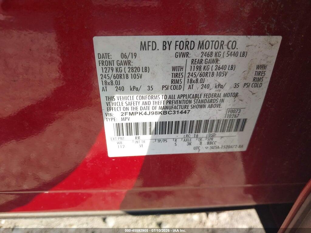 2FMPK4J98KBC31447 2019 FORD EDGE photo no. 9