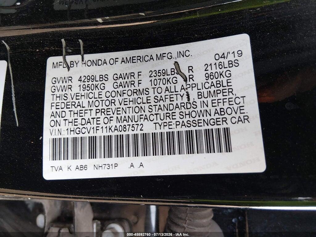 1HGCV1F11KA087572 2019 HONDA ACCORD photo no. 9