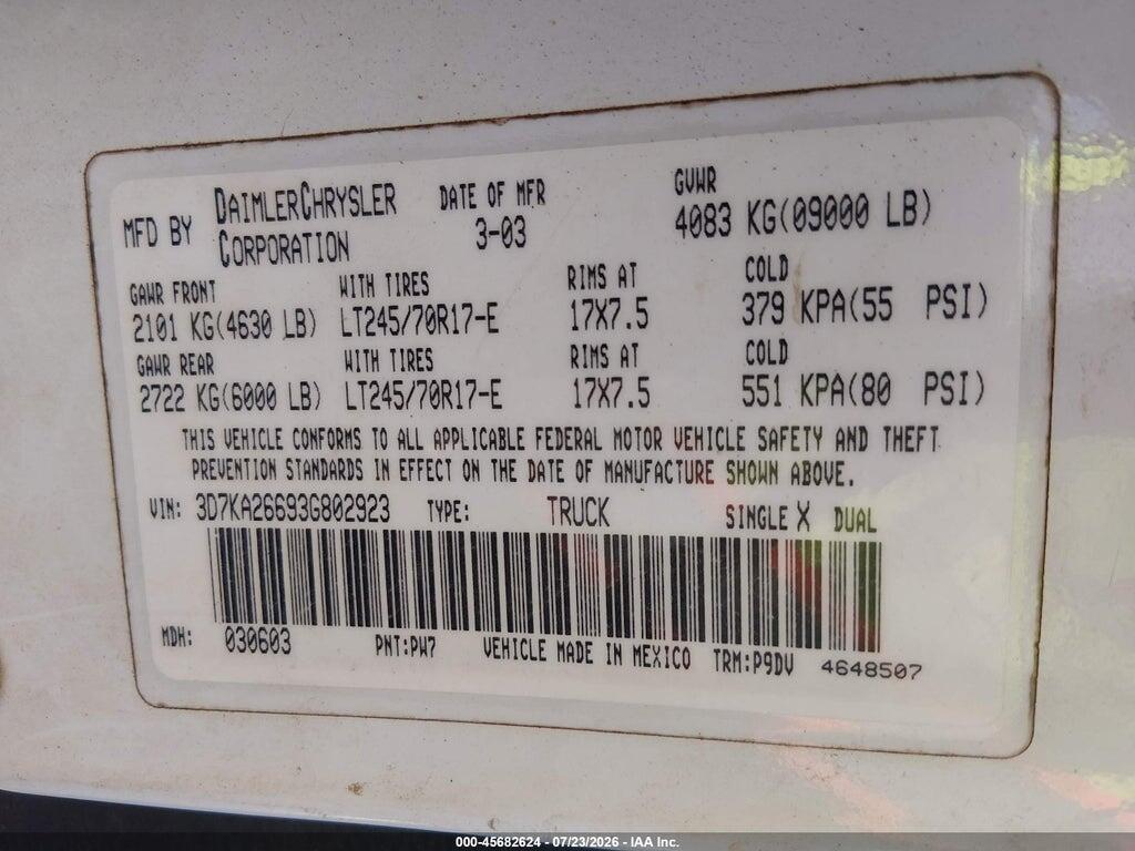 3D7KA26693G802923 2003 DODGE RAM 2500 photo no. 9