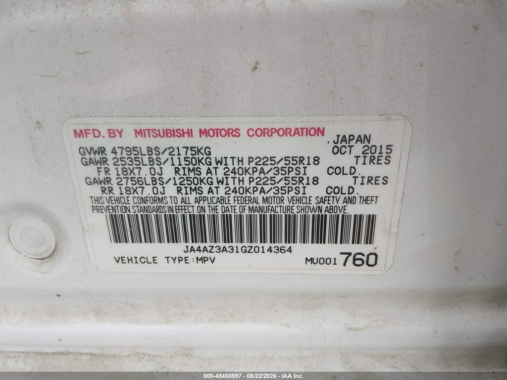 JA4AZ3A31GZ014364 2016 MITSUBISHI OUTLANDER photo no. 9