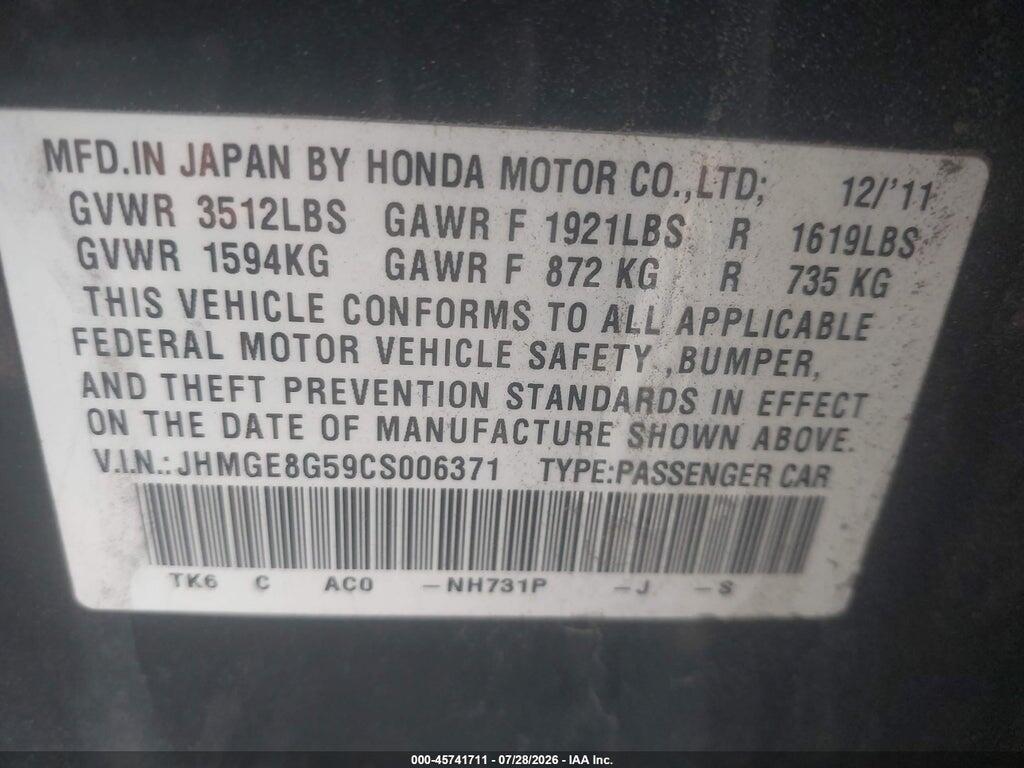 JHMGE8G59CS006371 2012 HONDA FIT photo no. 9