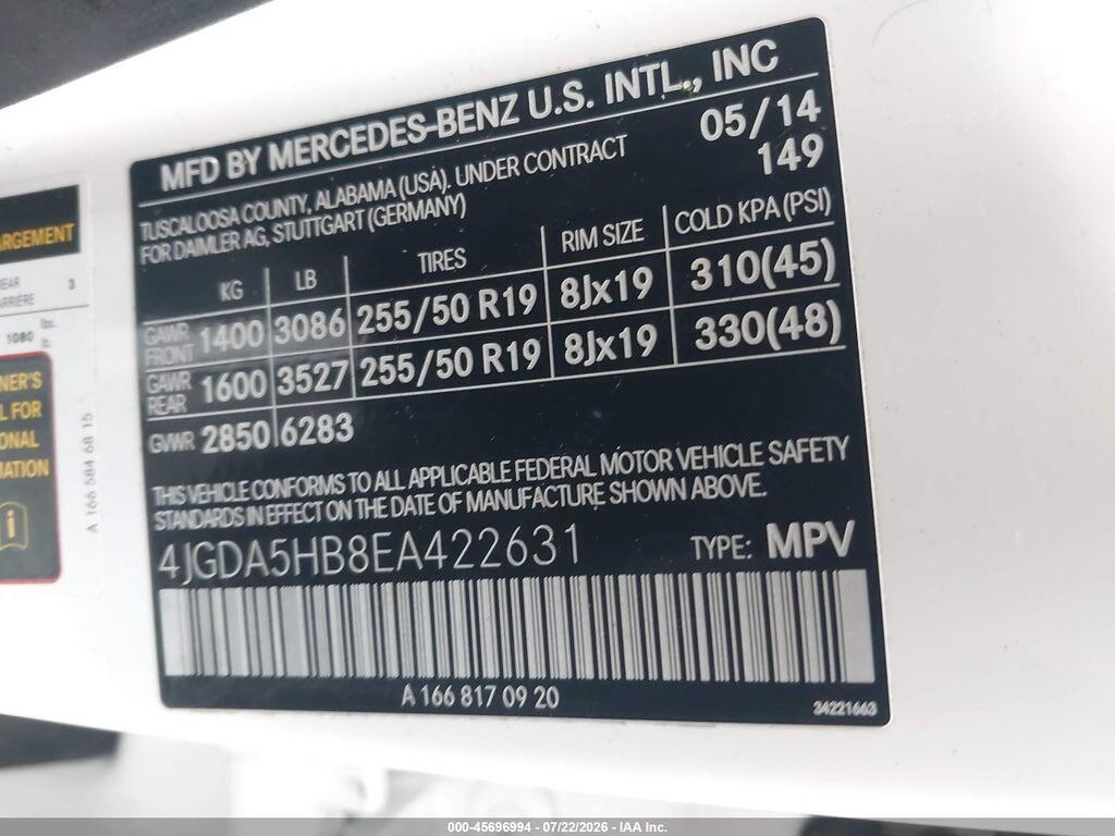 4JGDA5HB8EA422631 2014 MERCEDES-BENZ ML 350 photo no. 9
