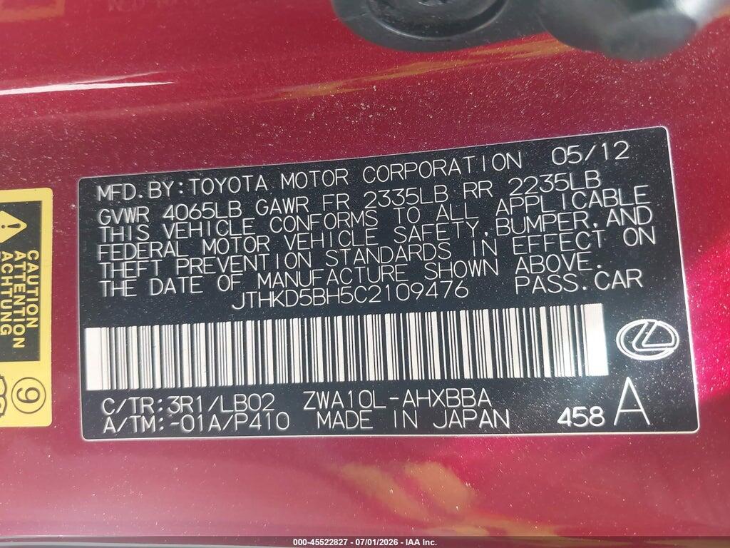 JTHKD5BH5C2109476 2012 LEXUS CT 200H photo no. 9