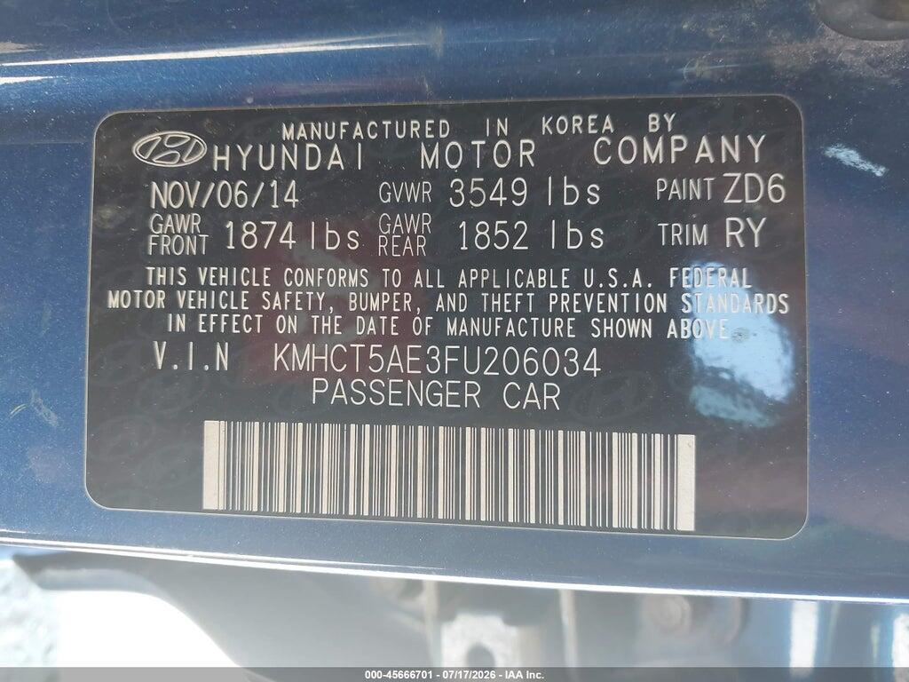 KMHCT5AE3FU206034 2015 HYUNDAI ACCENT photo no. 9