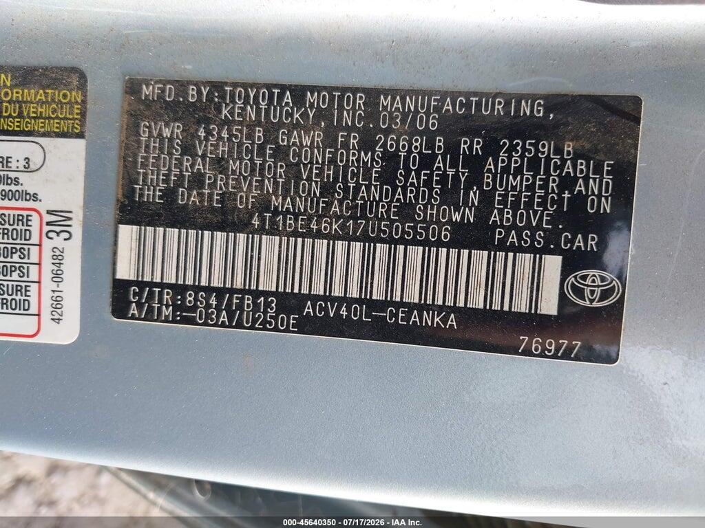 4T1BE46K17U505506 2007 TOYOTA CAMRY photo no. 9
