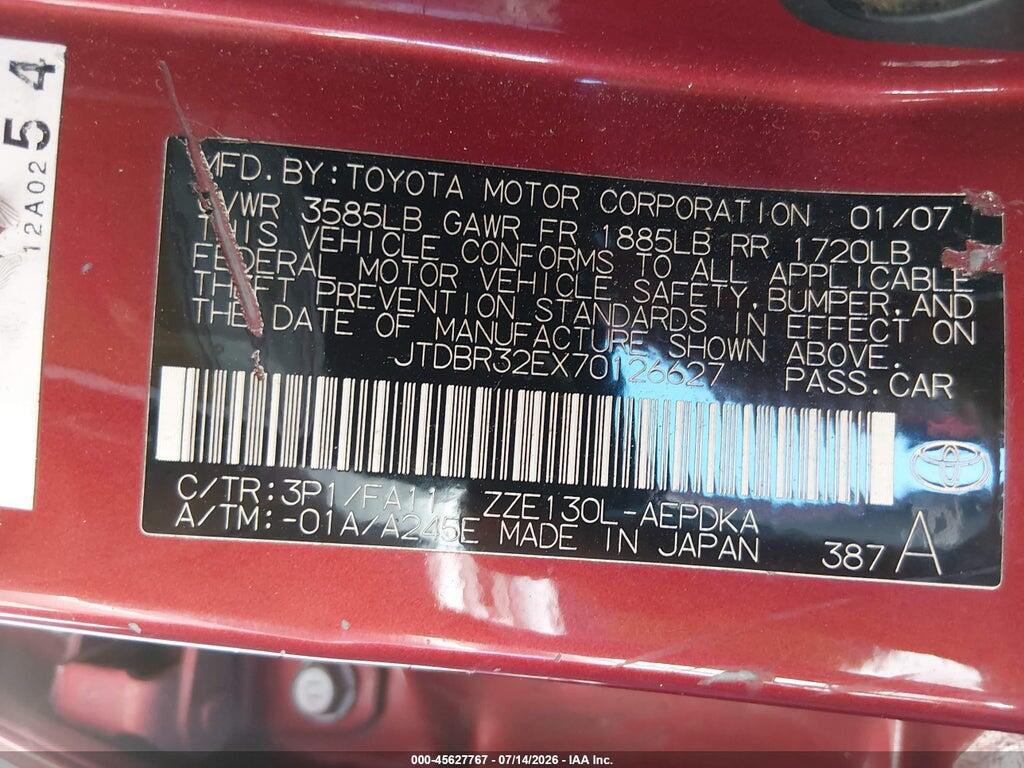 JTDBR32EX70126627 2007 TOYOTA COROLLA photo no. 9
